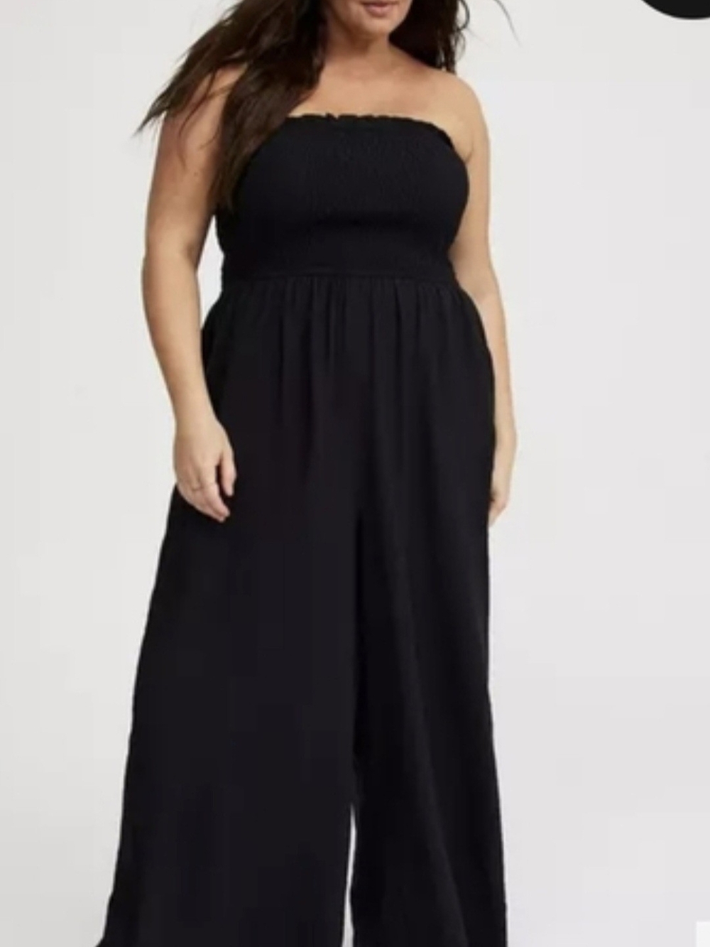 torrid Black Strapless Smocked-Waist Wide-Leg Jumpsuit